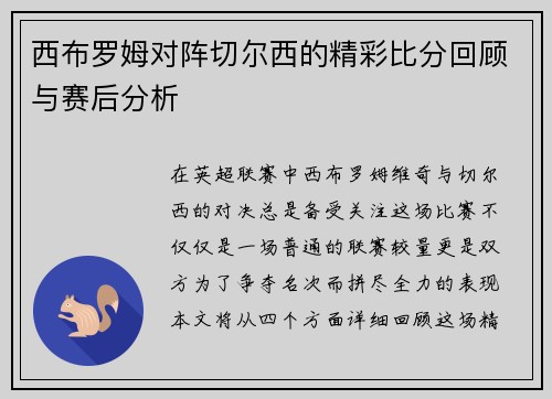 西布罗姆对阵切尔西的精彩比分回顾与赛后分析