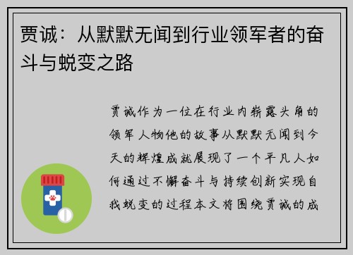 贾诚：从默默无闻到行业领军者的奋斗与蜕变之路